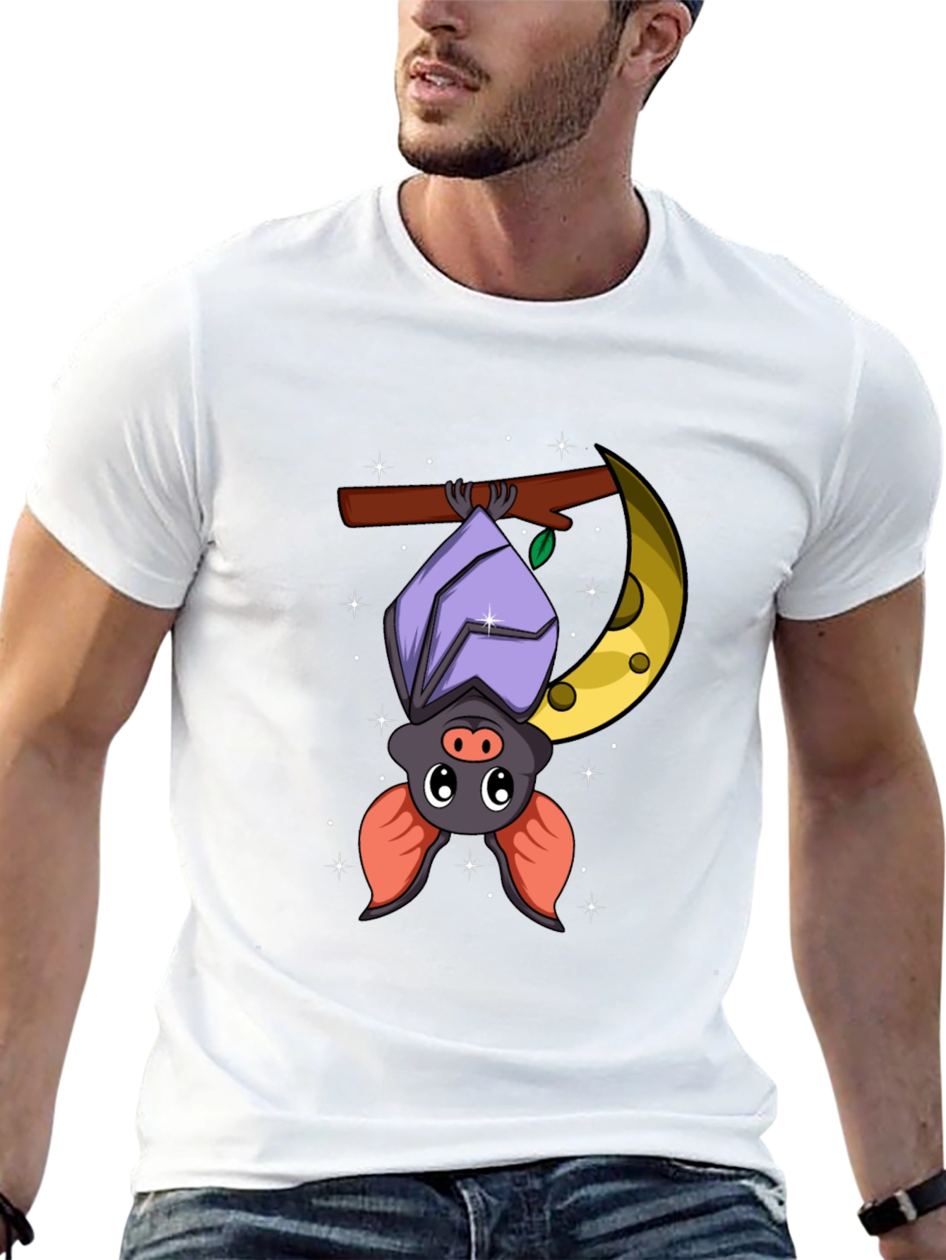 Cute Bat on Moon Graphic Tee - Black Cotton T-Shirt