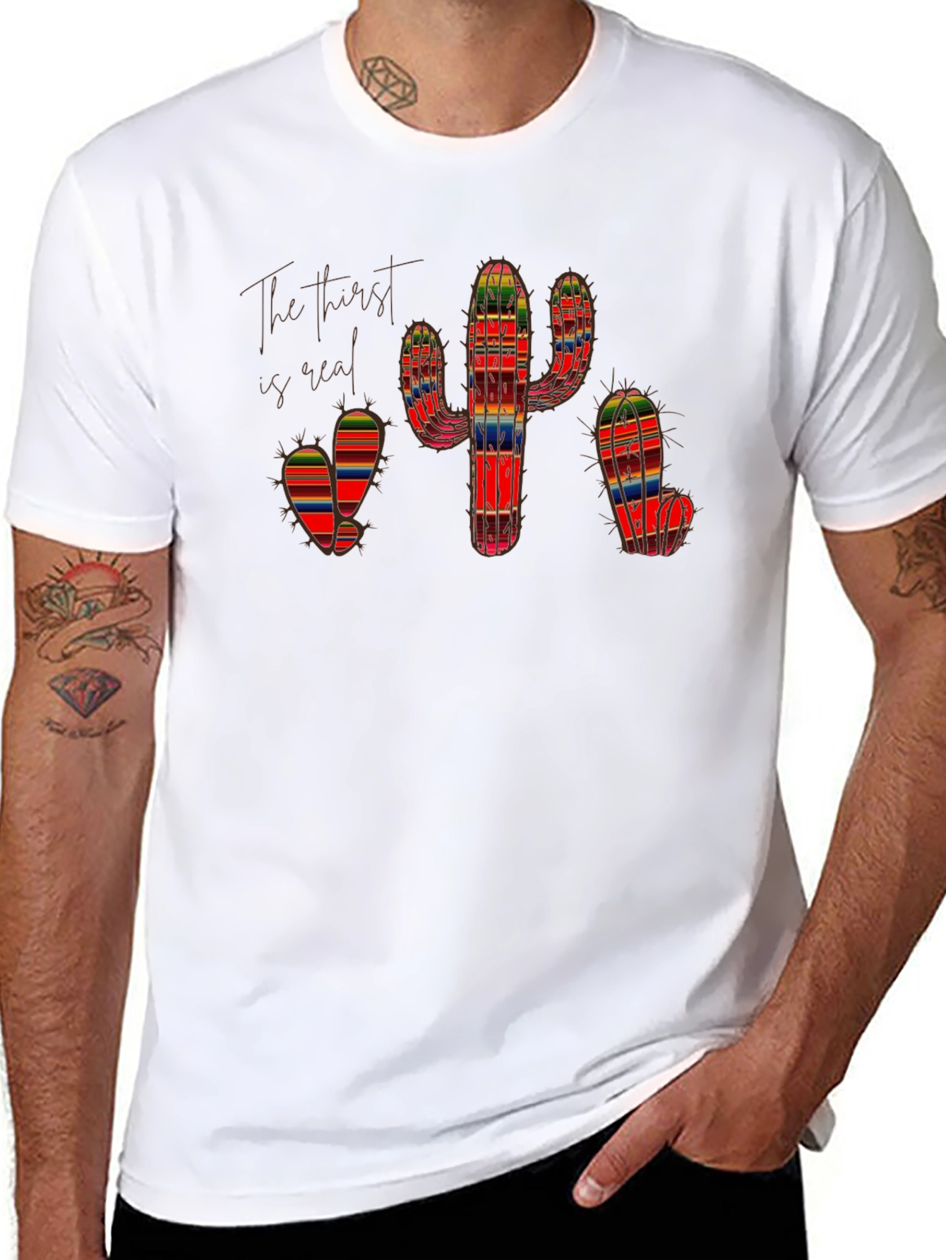 Cactus Black T-Shirt The Thirst is Real Colorful Serape