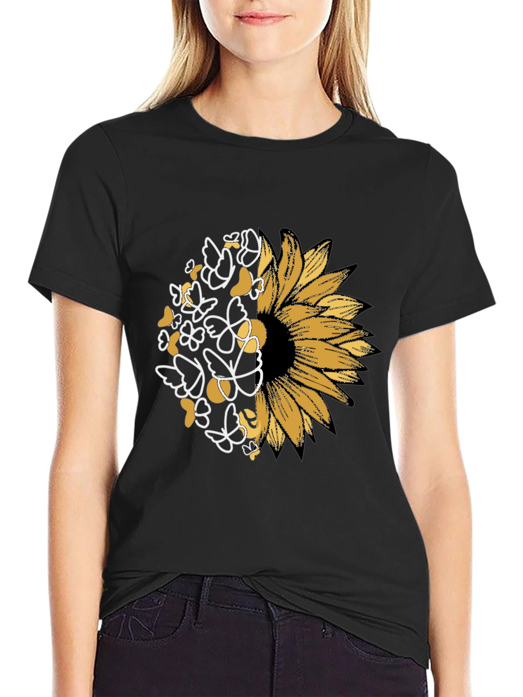 Sunflower Butterfly Graphic Black T-Shirt
