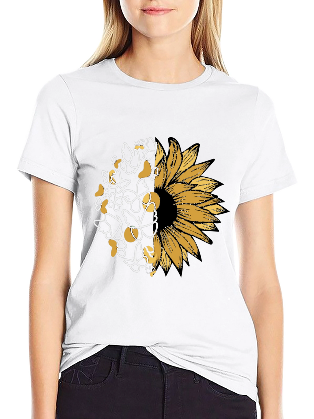 Sunflower Butterfly Graphic Black T-Shirt