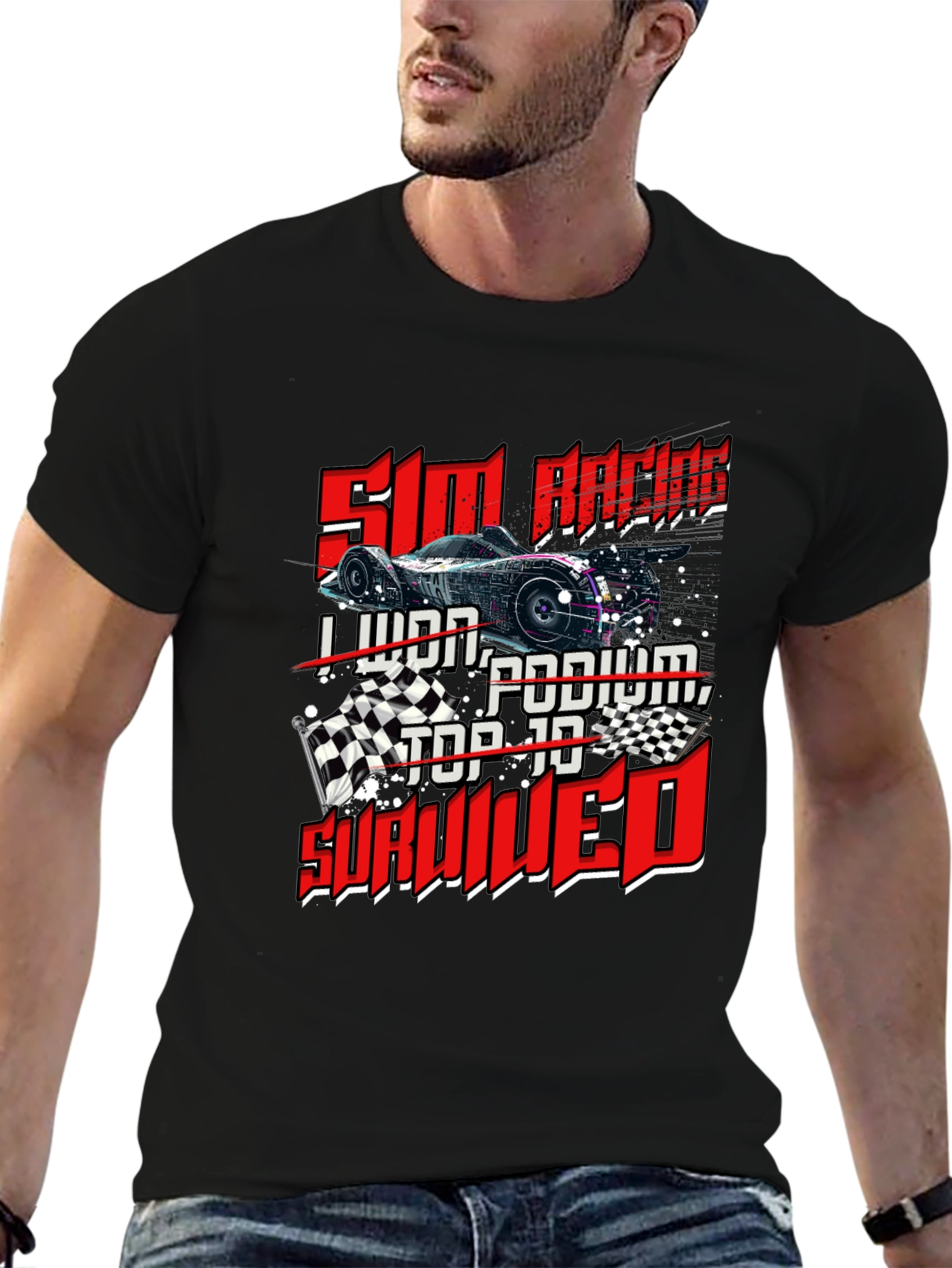 Sim Racing T-Shirt - I Lived Podium Top 10 Survived