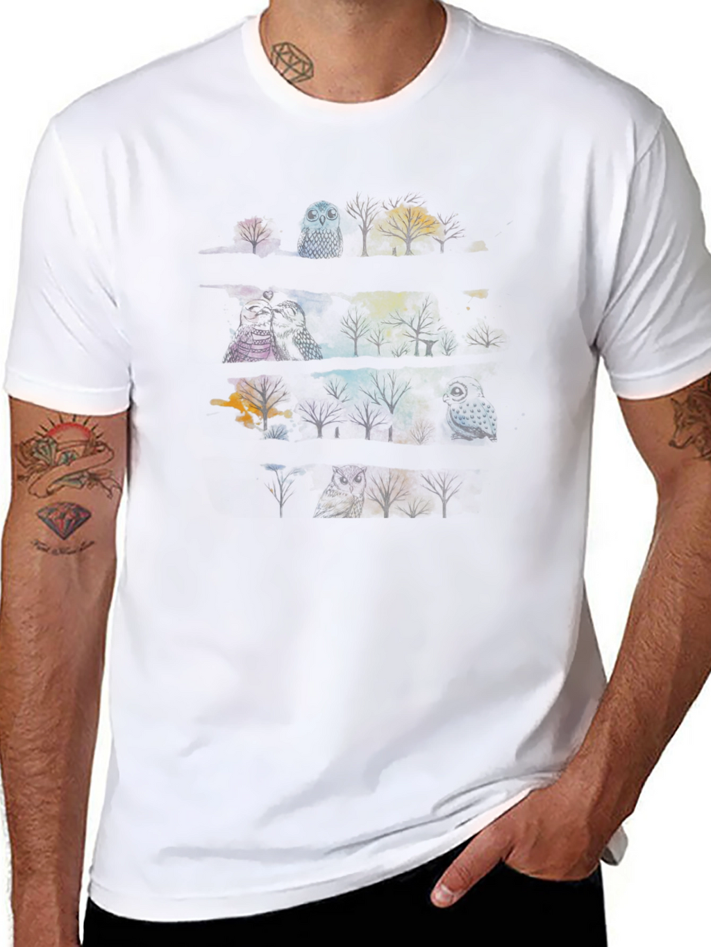 Mens Black T-Shirt with Owl & Tree Graphic