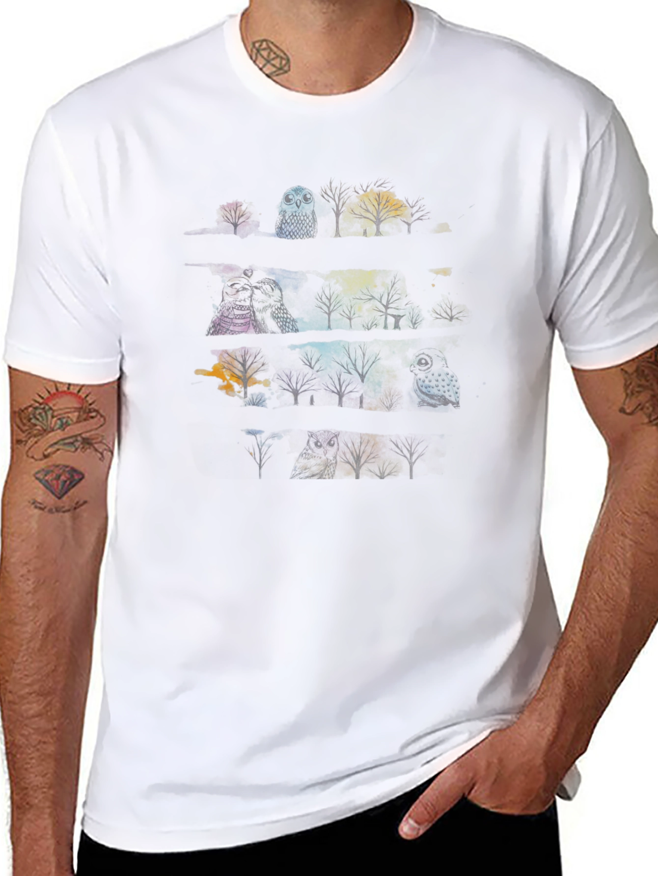 Mens Black T-Shirt with Owl & Tree Graphic