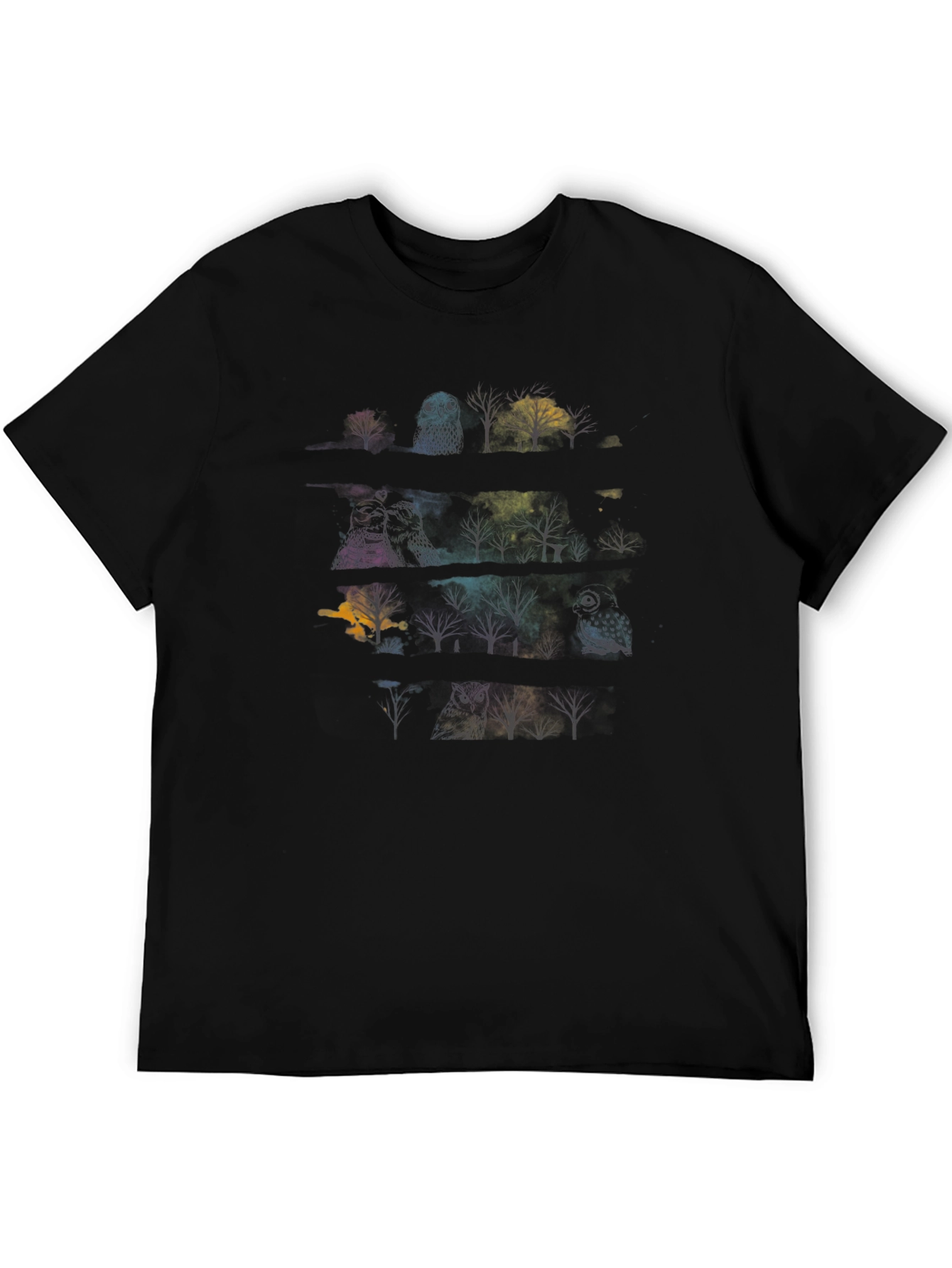 Mens Black T-Shirt with Owl & Tree Graphic