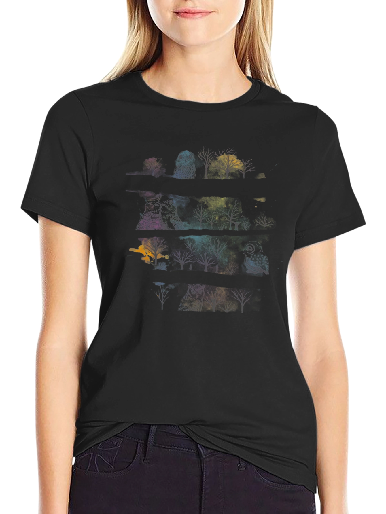 Mens Black T-Shirt with Owl & Tree Graphic