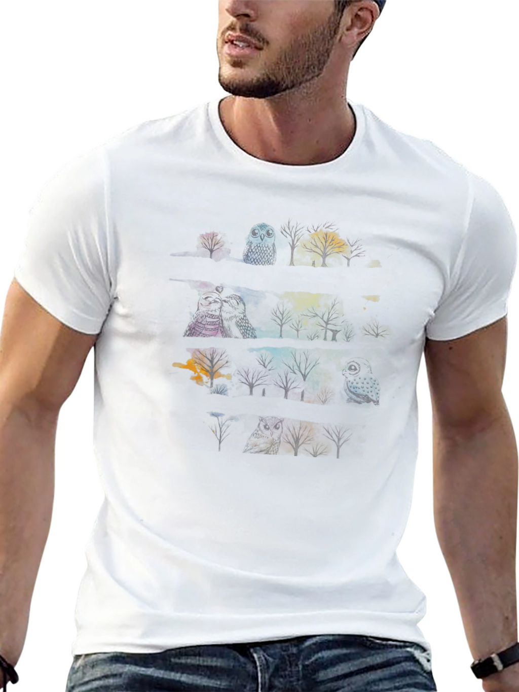 Mens Black T-Shirt with Owl & Tree Graphic