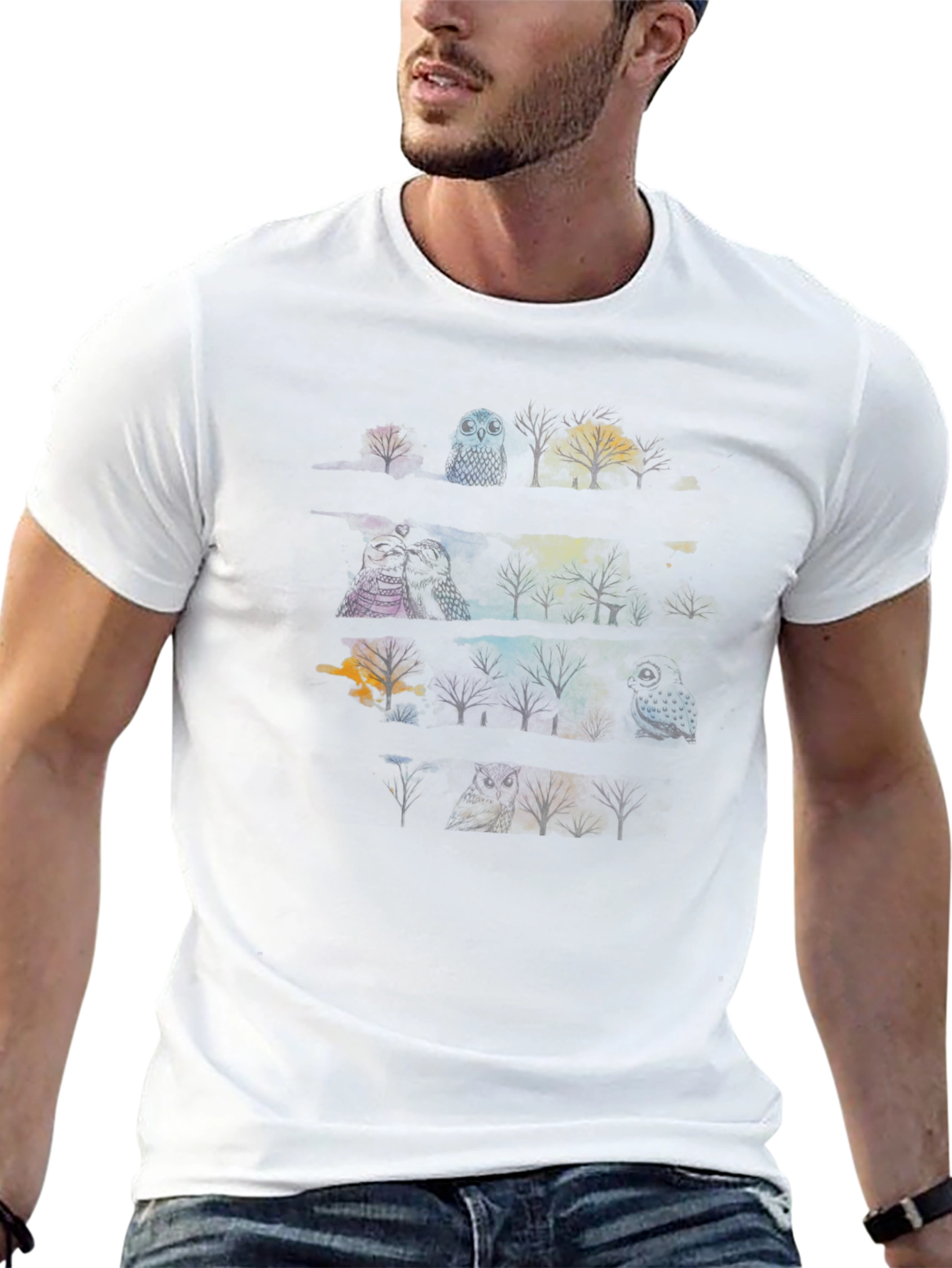 Mens Black T-Shirt with Owl & Tree Graphic