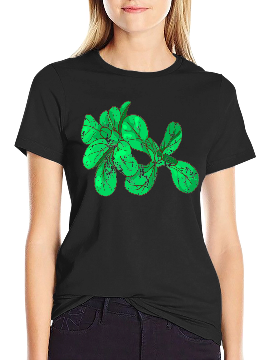 Green Leaves Graphic Black T-Shirt