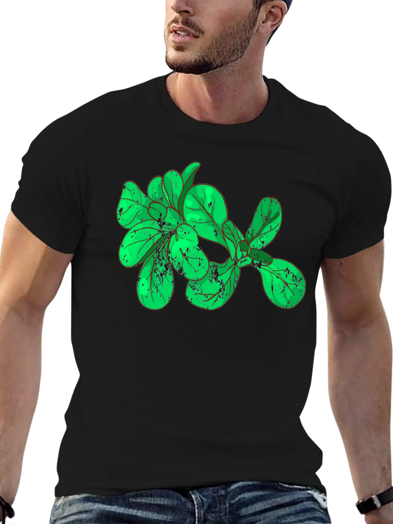 Green Leaves Graphic Black T-Shirt