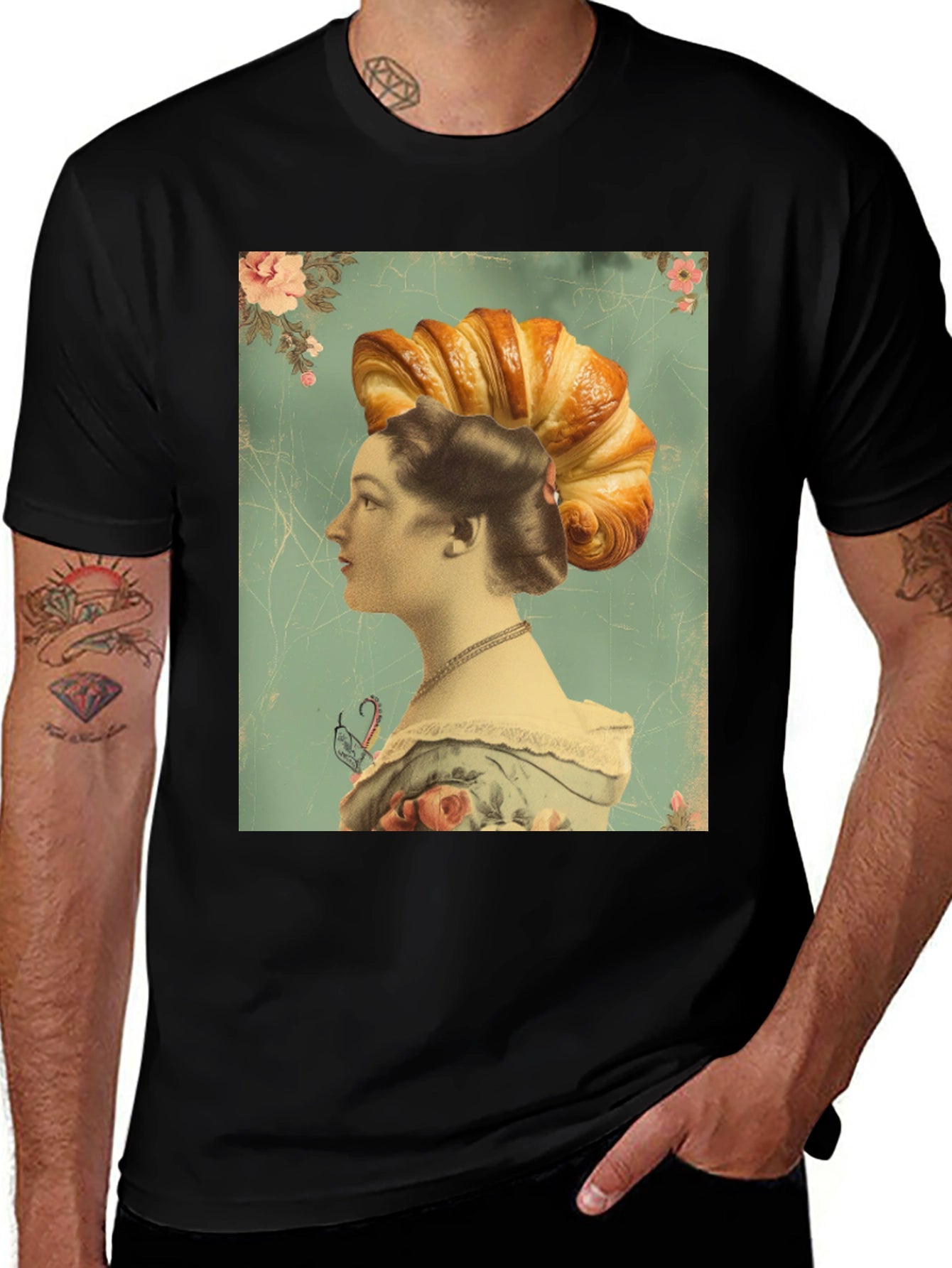 Croissant Head Lady Graphic Tee - Unique Art T-Shirt