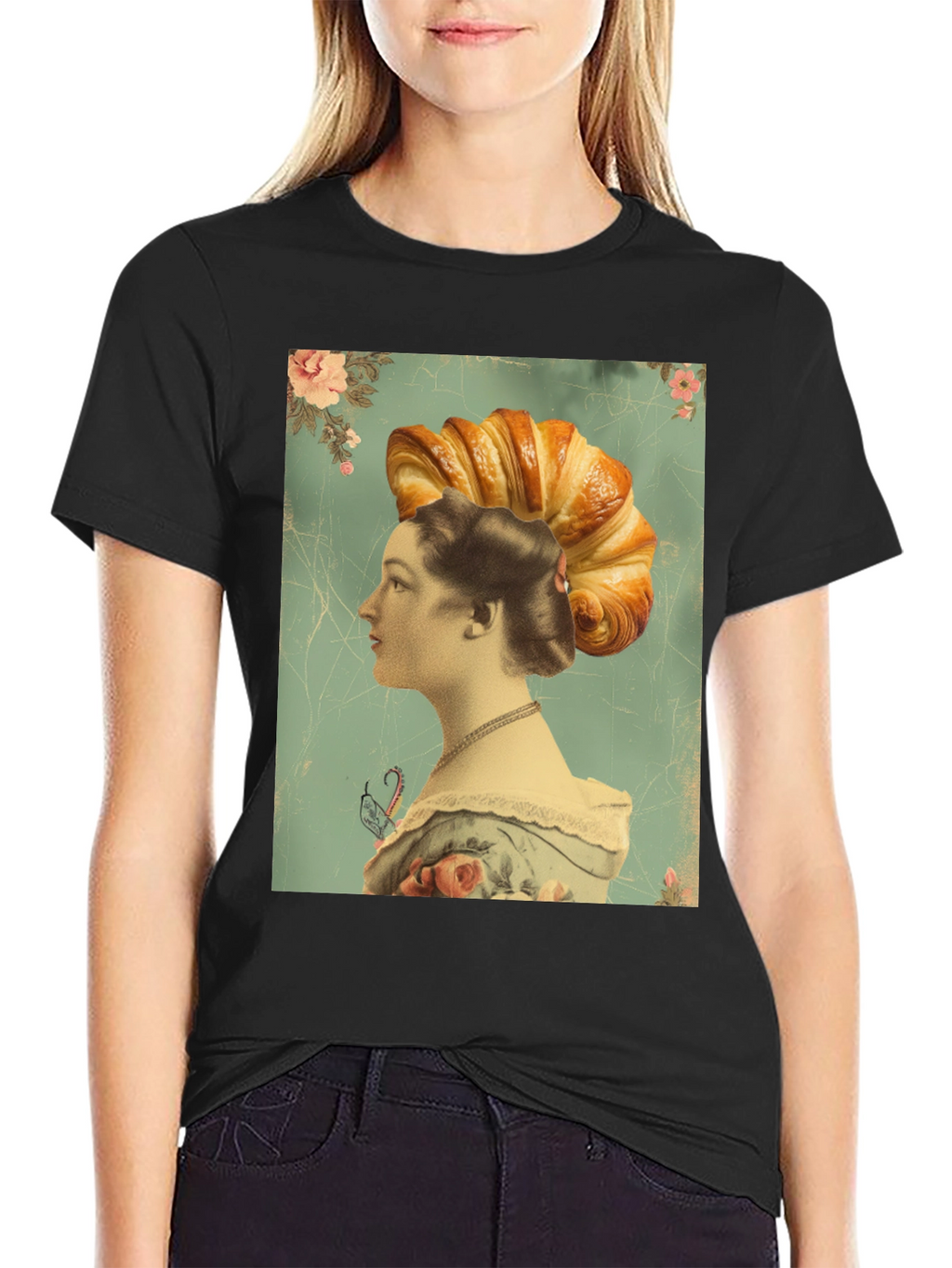 Croissant Head Lady Graphic Tee - Unique Art T-Shirt