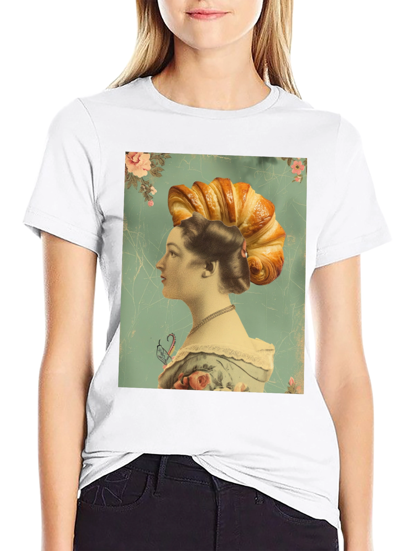 Croissant Head Lady Graphic Tee - Unique Art T-Shirt