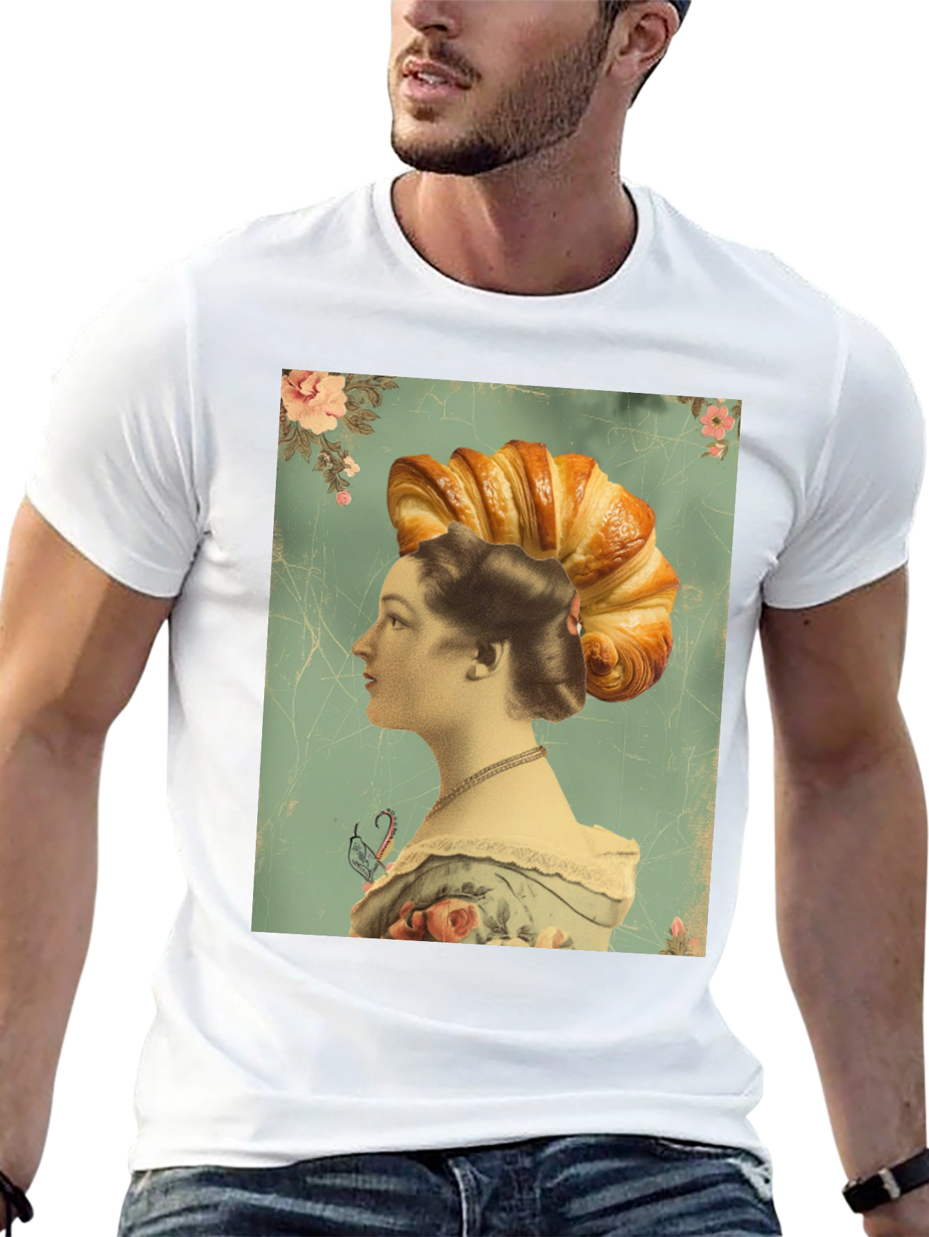 Croissant Head Lady Graphic Tee - Unique Art T-Shirt