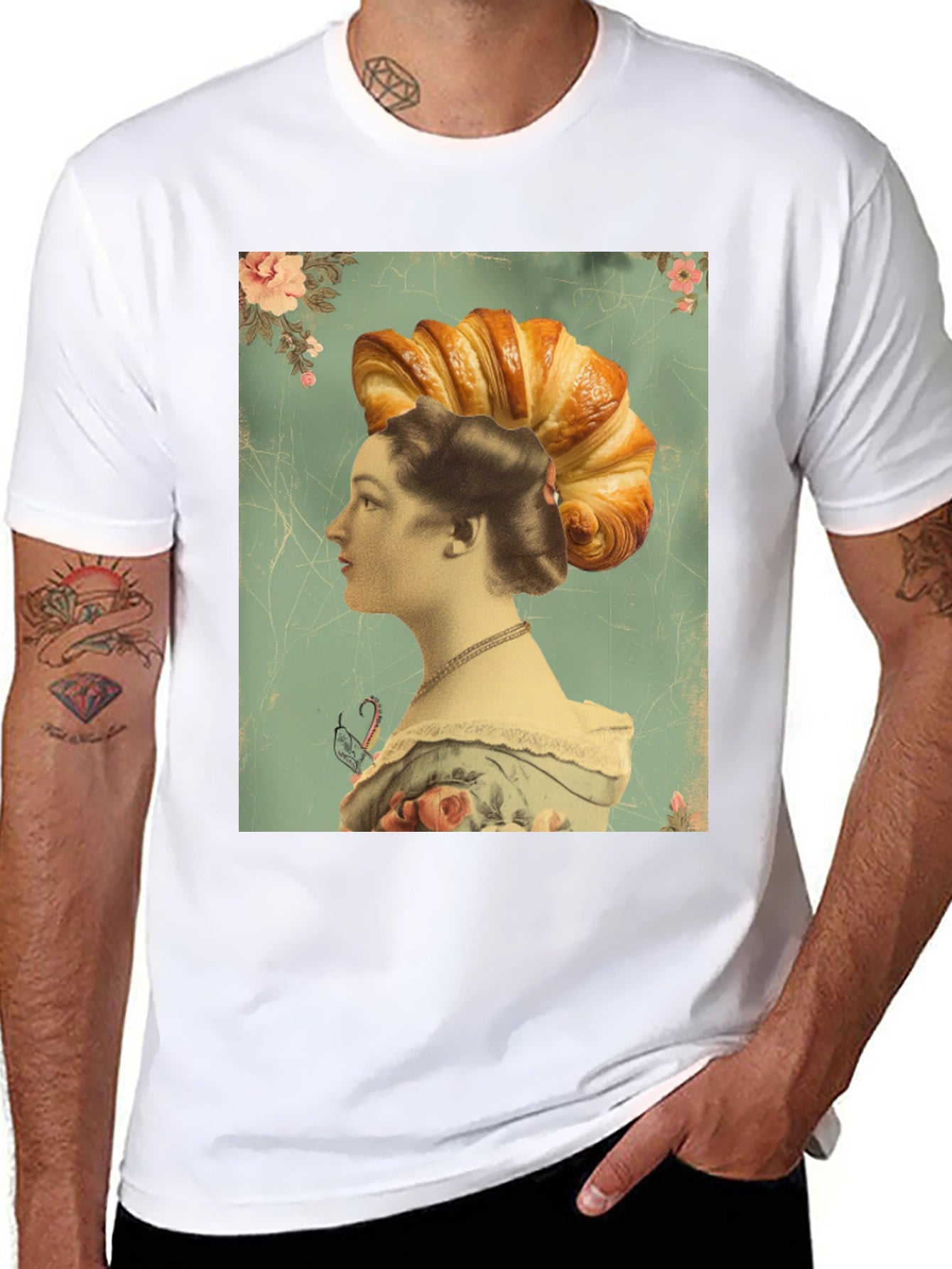 Croissant Head Lady Graphic Tee - Unique Art T-Shirt