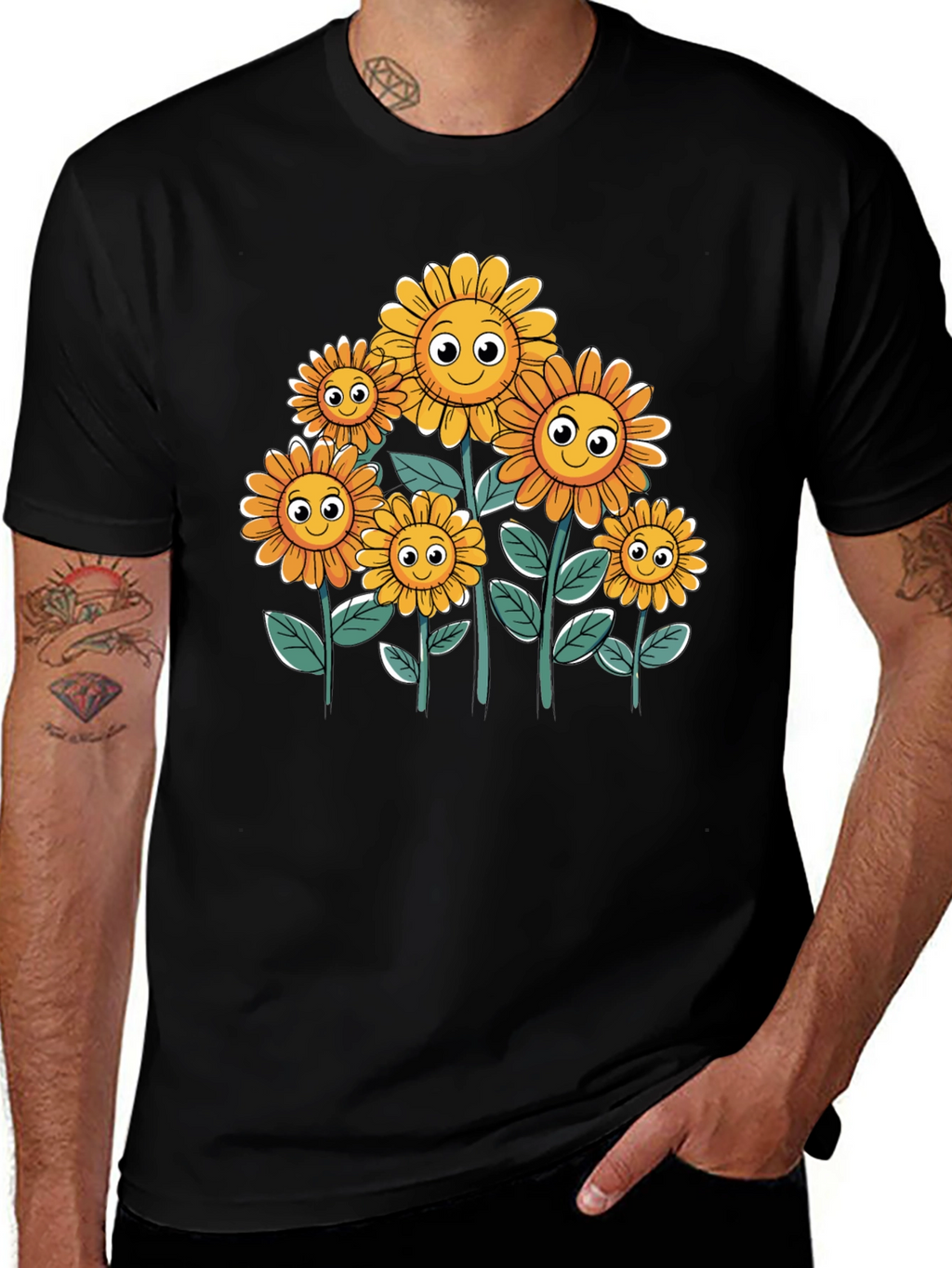 Smiling Sunflowers Graphic Tee - Black Cotton T-Shirt