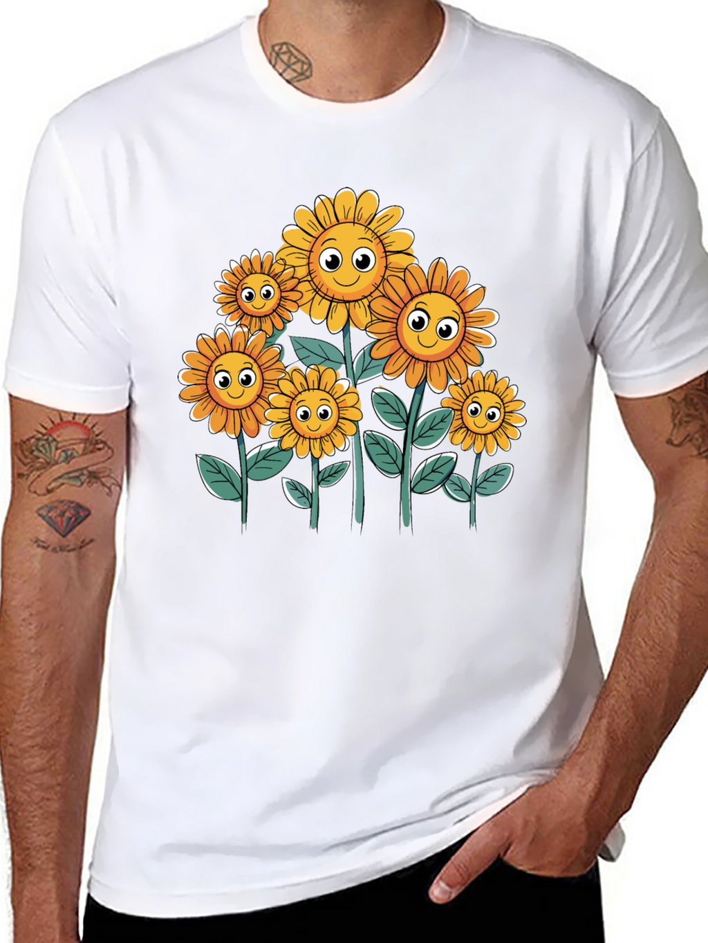 Smiling Sunflowers Graphic Tee - Black Cotton T-Shirt