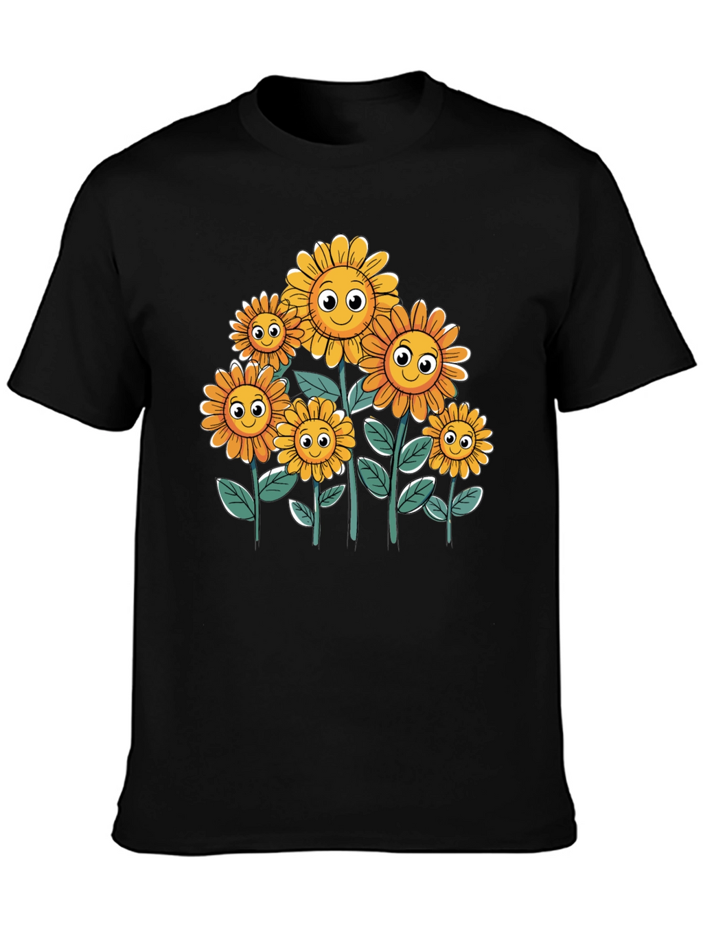 Smiling Sunflowers Graphic Tee - Black Cotton T-Shirt