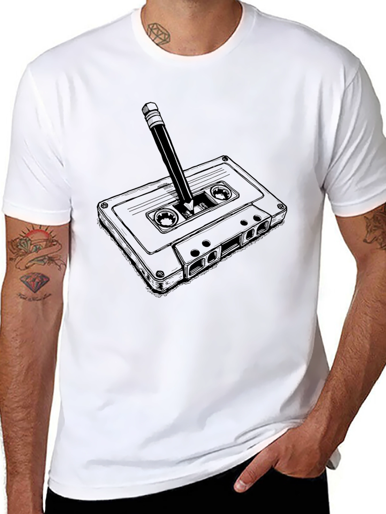 Retro Cassette Tape & Pencil Graphic T-Shirt