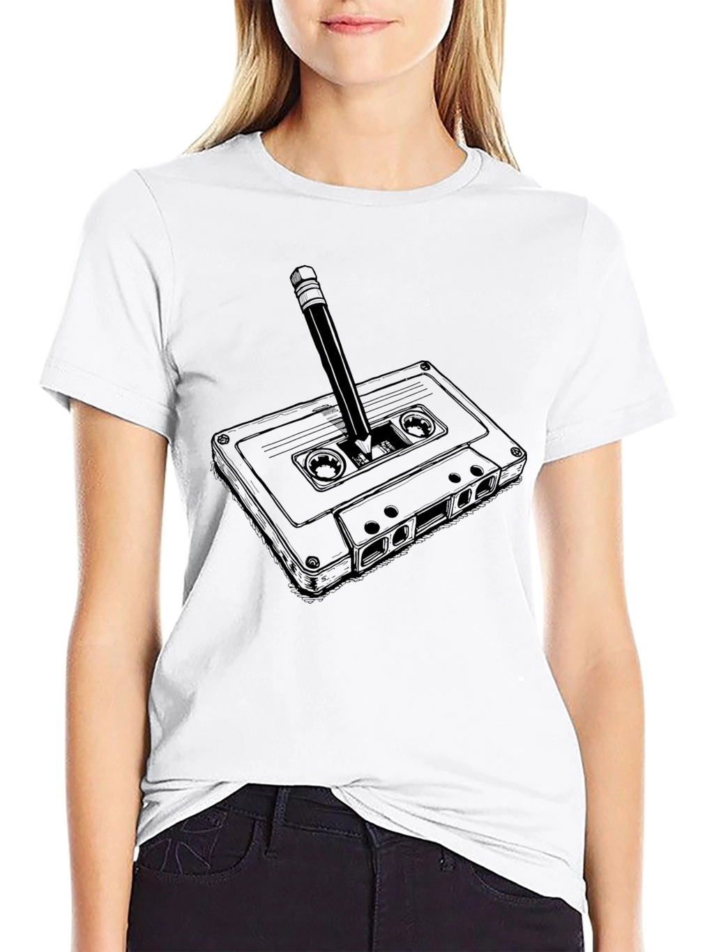 Retro Cassette Tape & Pencil Graphic T-Shirt