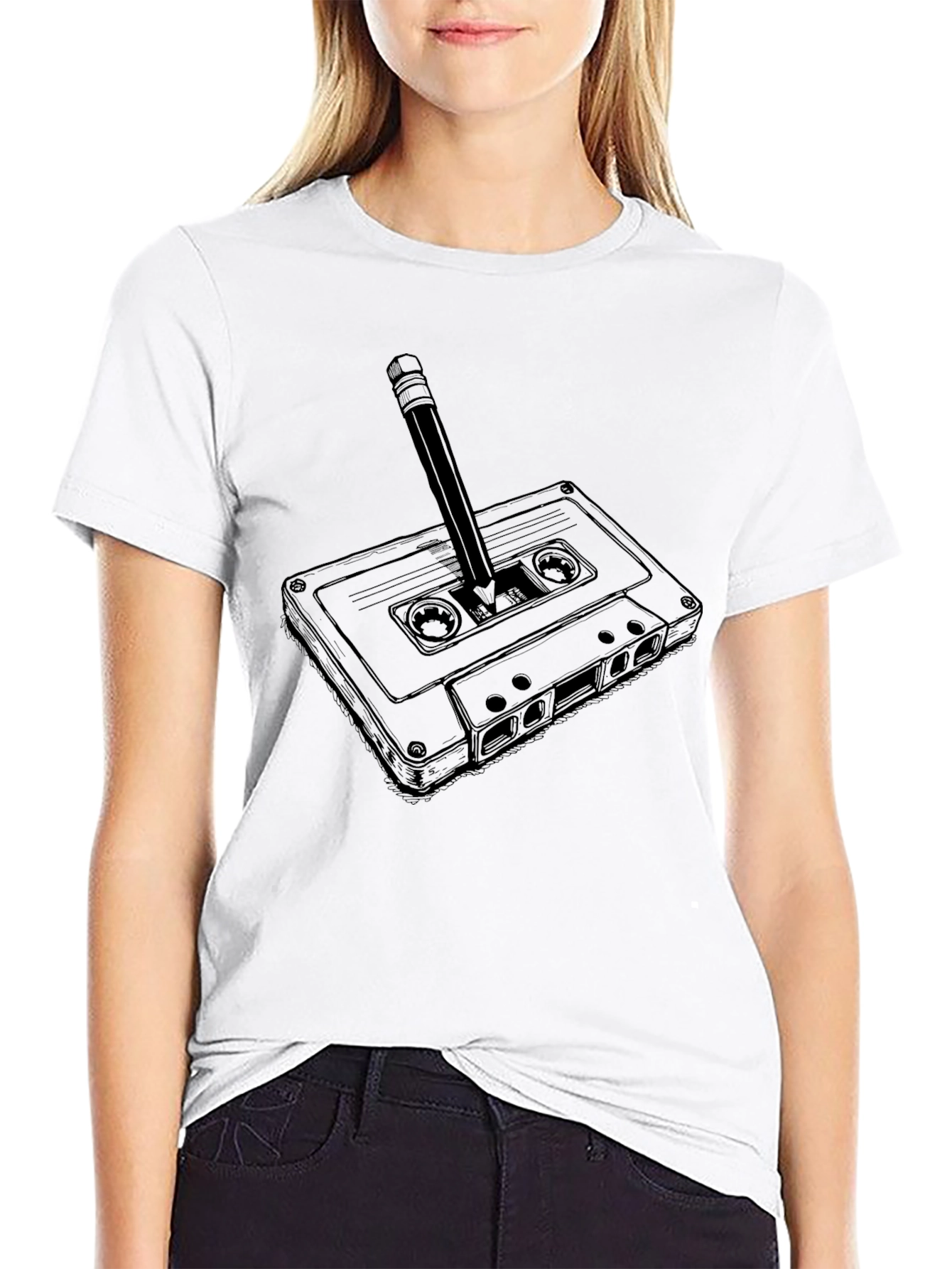 Retro Cassette Tape & Pencil Graphic T-Shirt