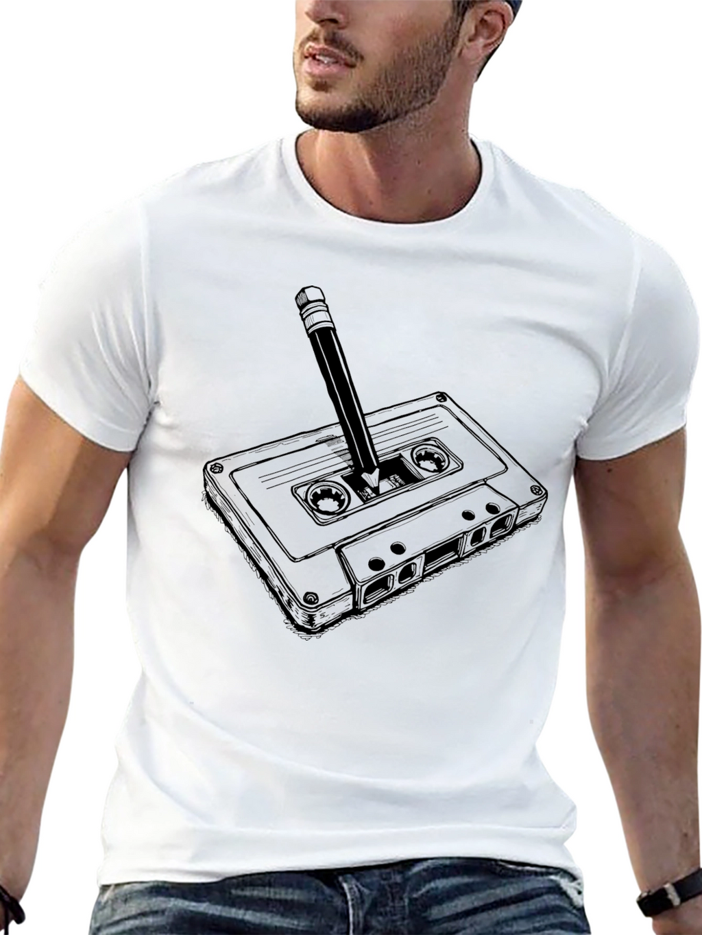 Retro Cassette Tape & Pencil Graphic T-Shirt