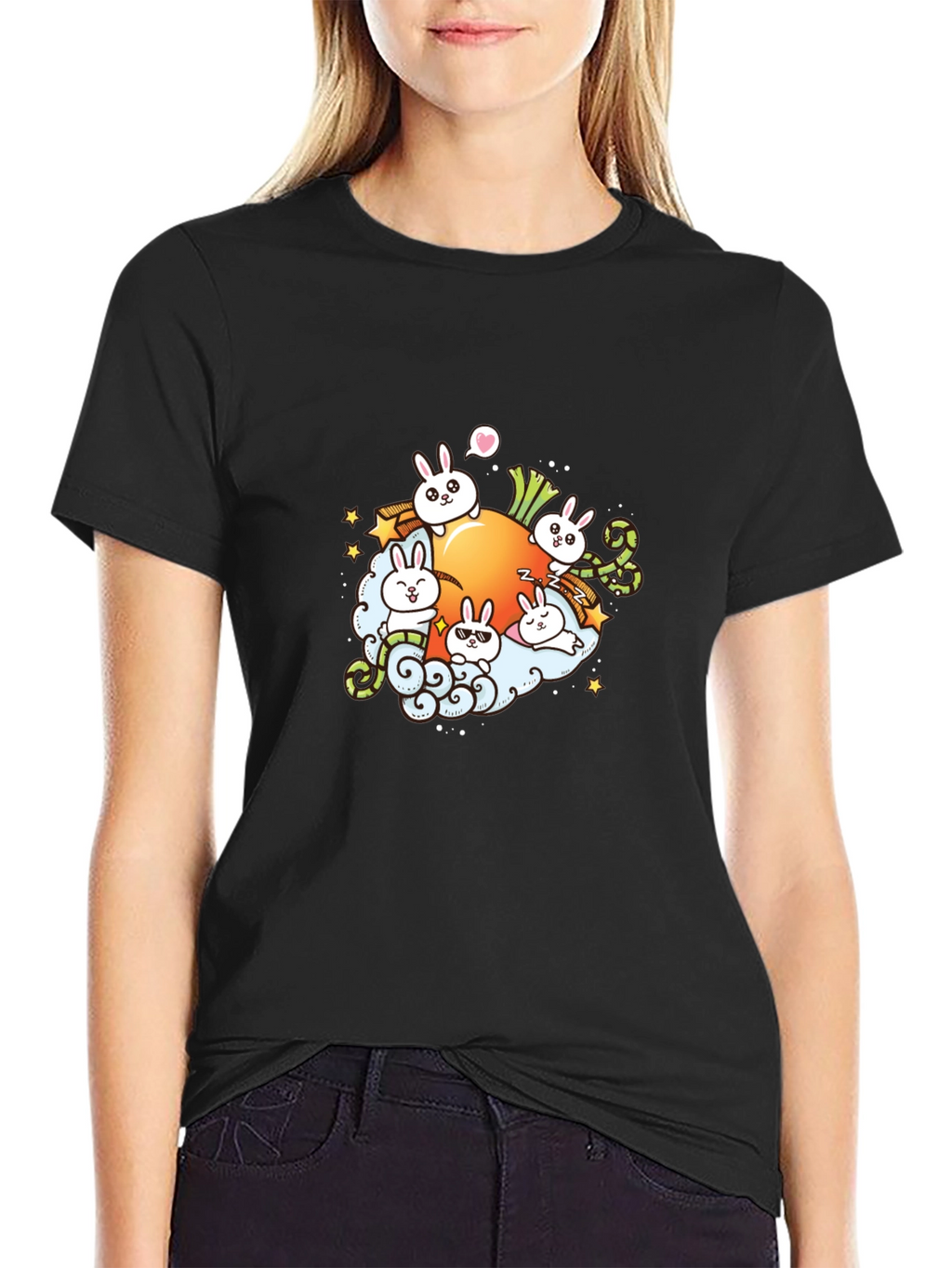 Cute Cartoon Bunny Carrot Graphic T-Shirt