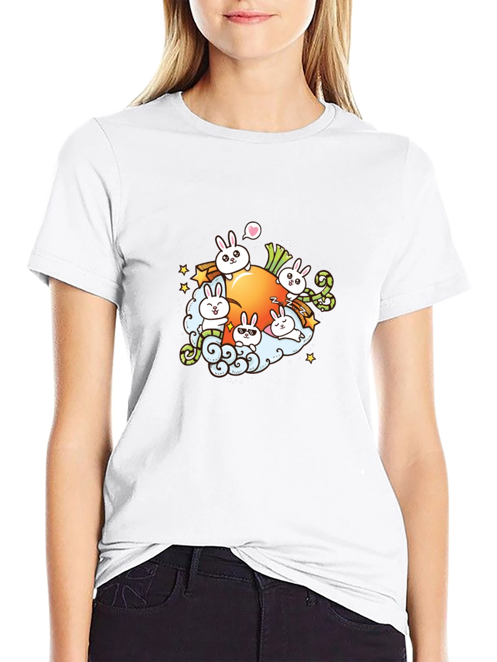 Cute Cartoon Bunny Carrot Graphic T-Shirt