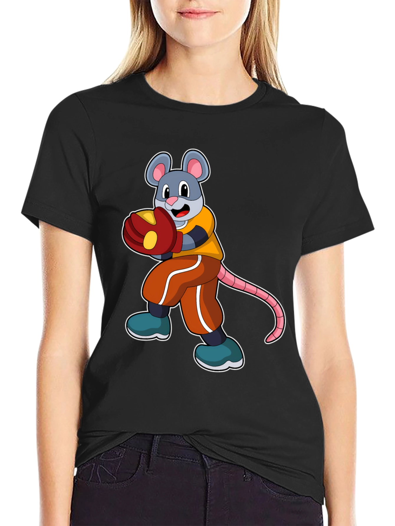 Mouse Boxer Graphic Tee - Black Cotton T-Shirt
