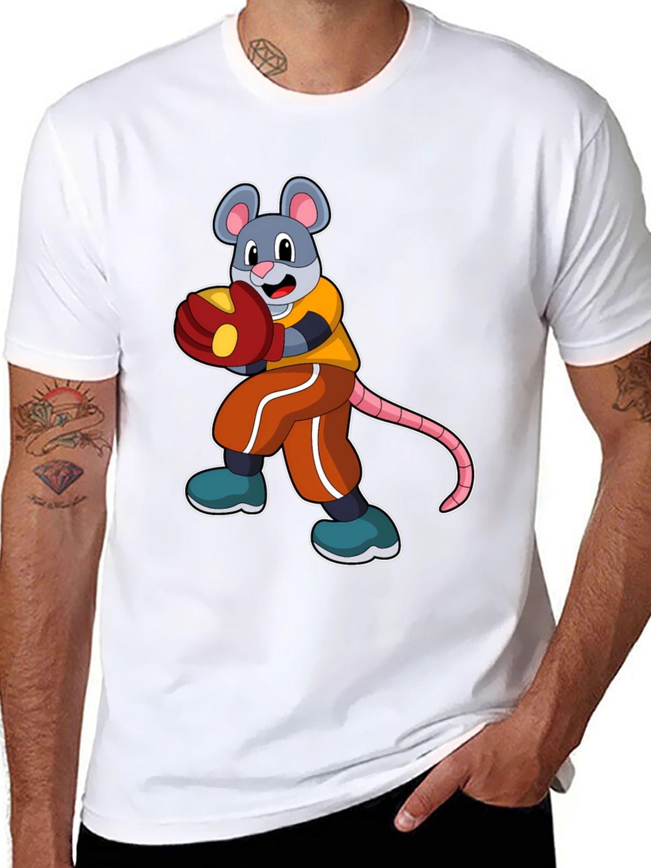 Mouse Boxer Graphic Tee - Black Cotton T-Shirt
