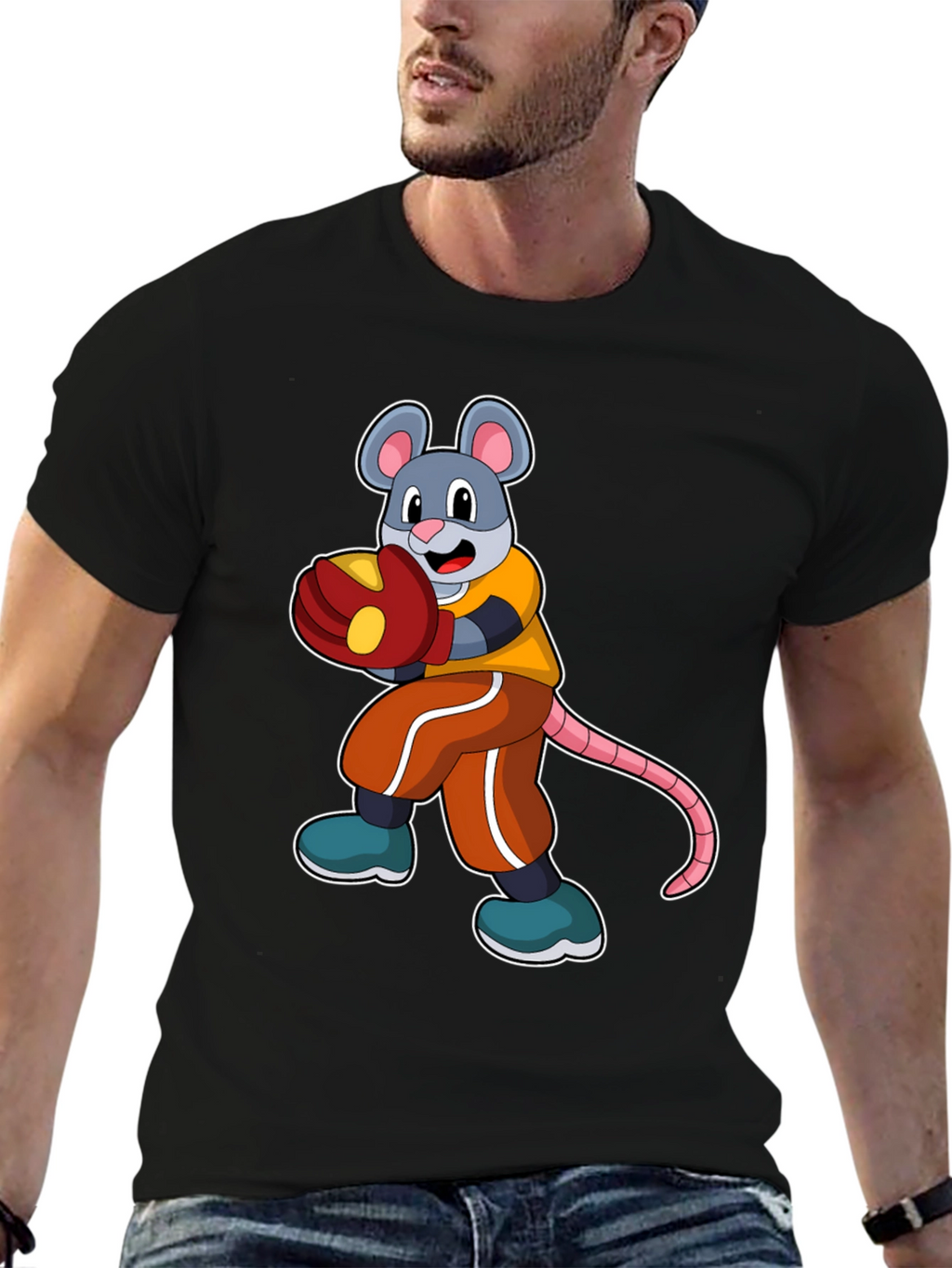 Mouse Boxer Graphic Tee - Black Cotton T-Shirt