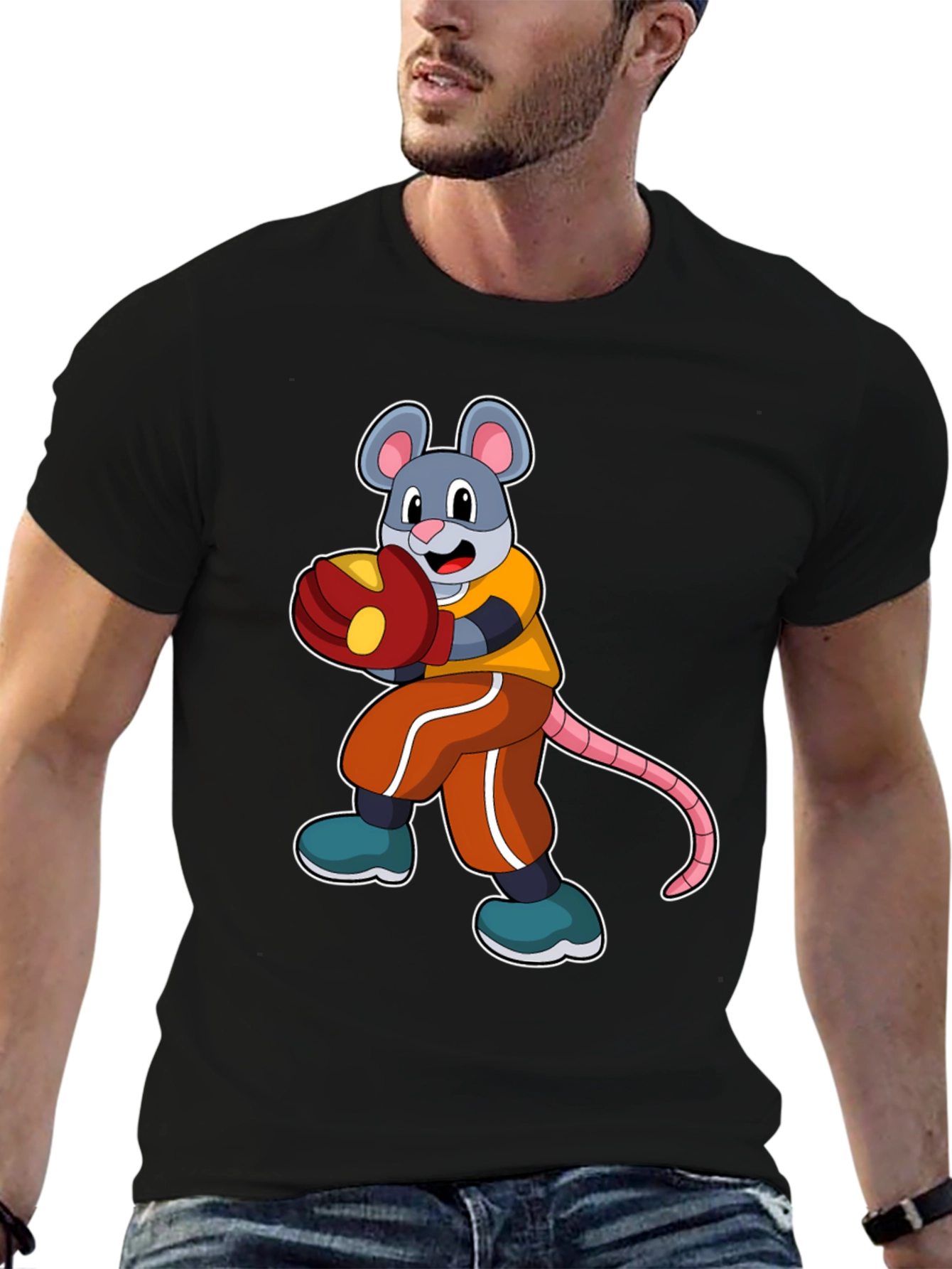 Mouse Boxer Graphic Tee - Black Cotton T-Shirt