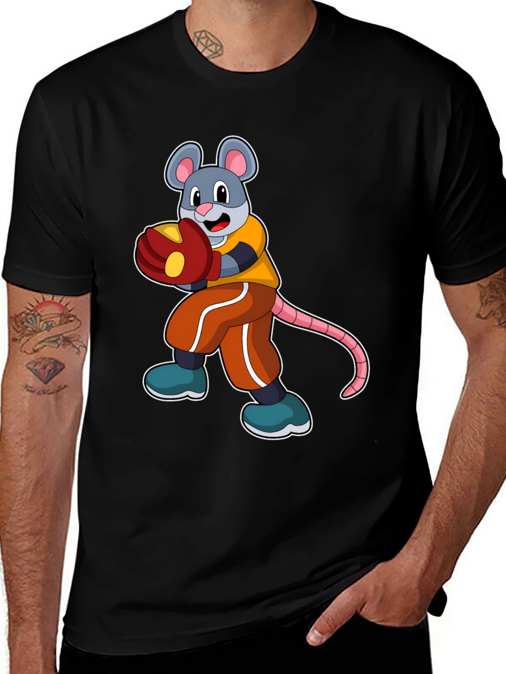 Mouse Boxer Graphic Tee - Black Cotton T-Shirt