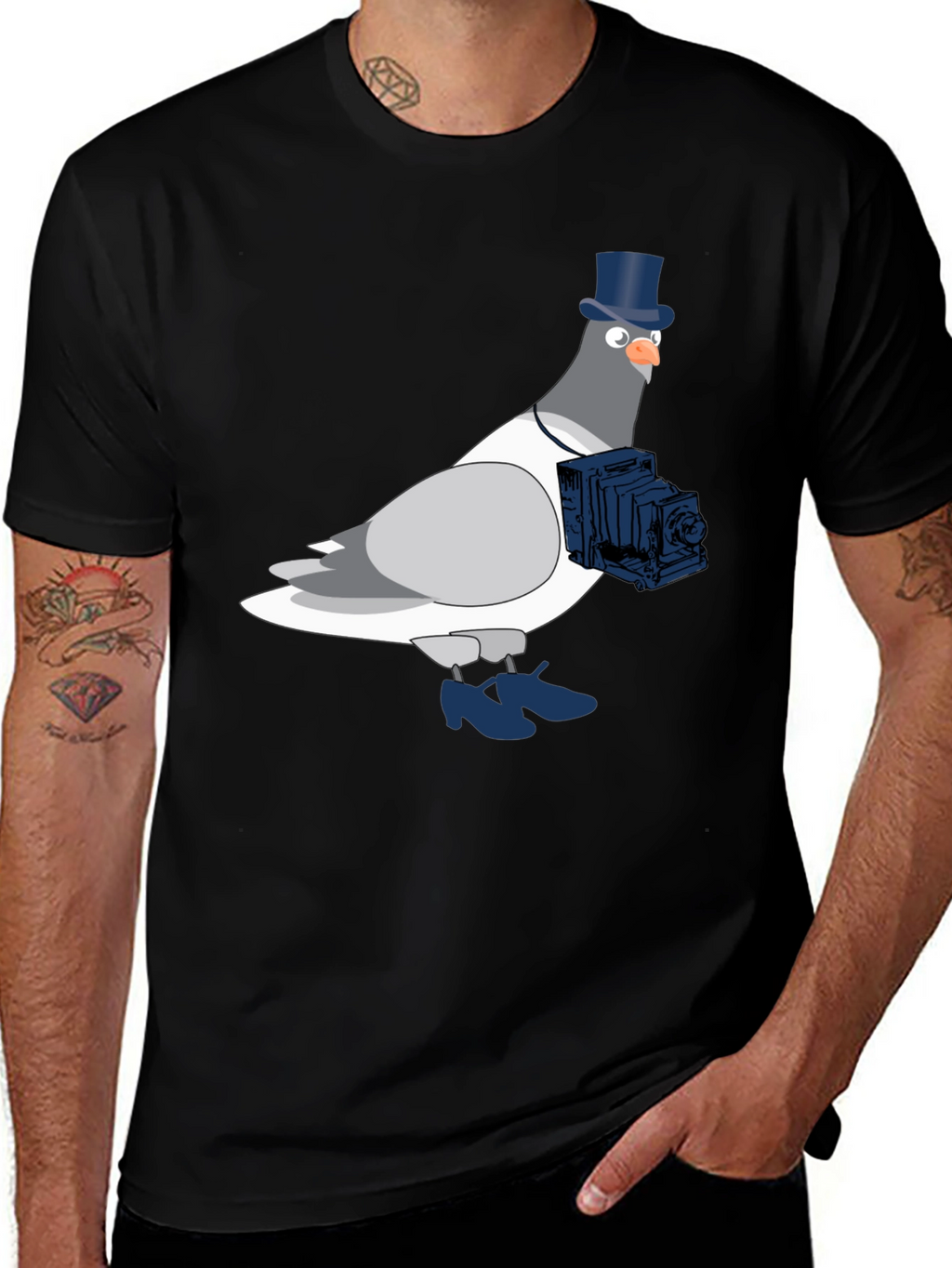 Pigeon Photographer Graphic T-Shirt - Black