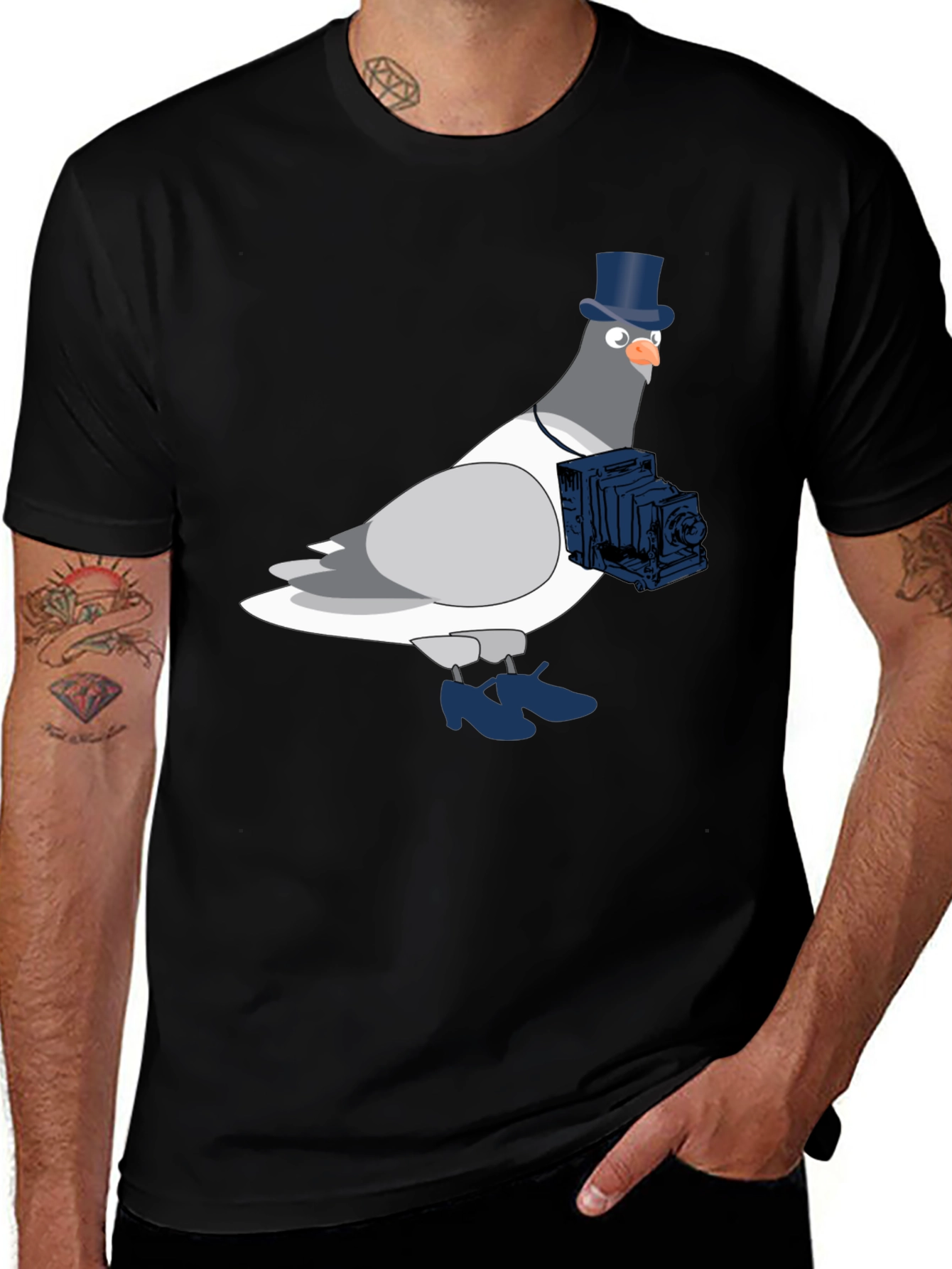 Pigeon Photographer Graphic T-Shirt - Black