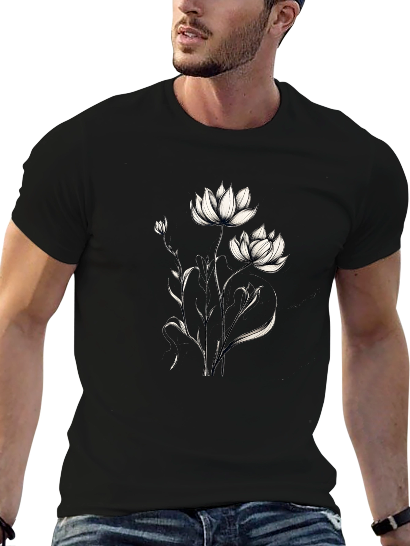 Elegant Floral Graphic Black T-Shirt
