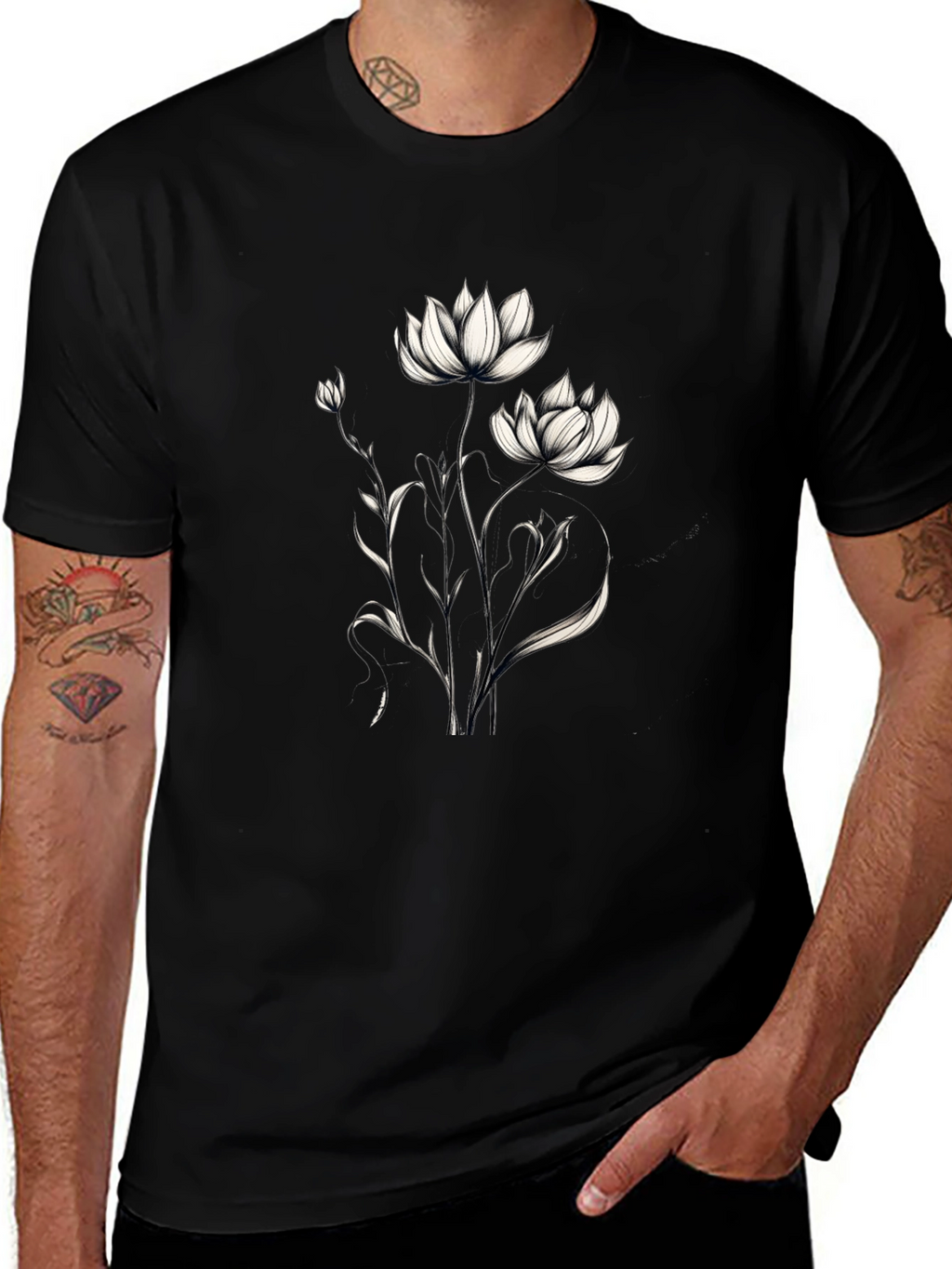 Elegant Floral Graphic Black T-Shirt