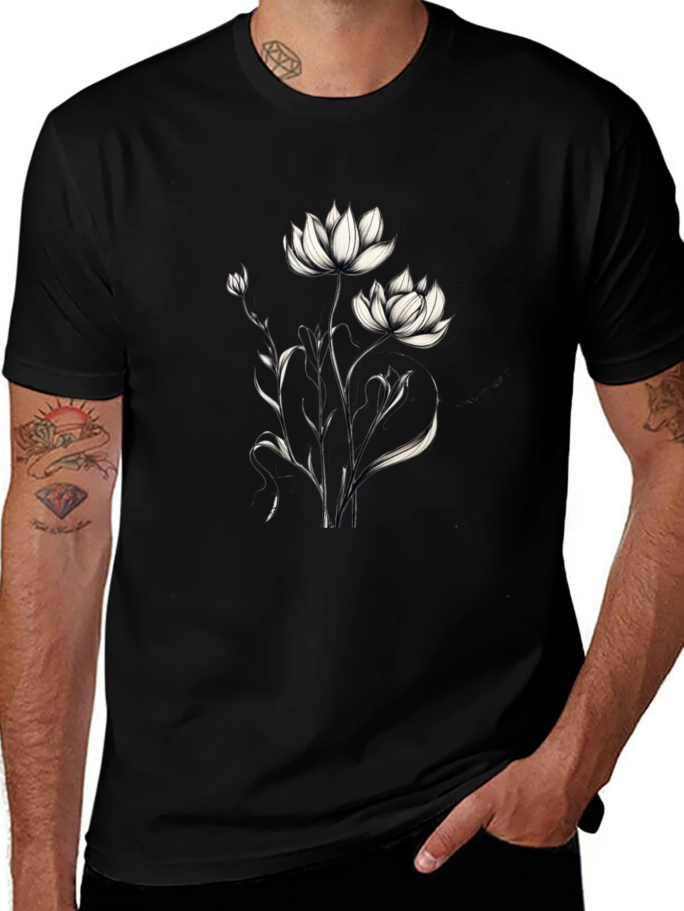 Elegant Floral Graphic Black T-Shirt
