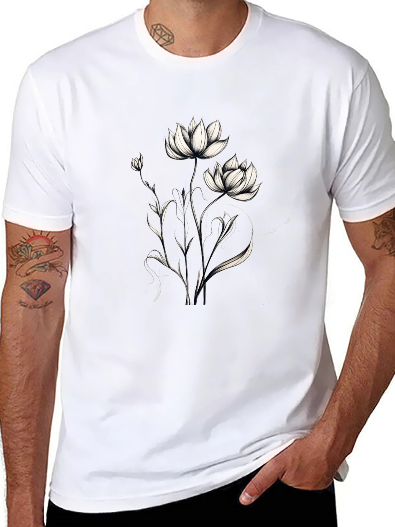 Elegant Floral Graphic Black T-Shirt