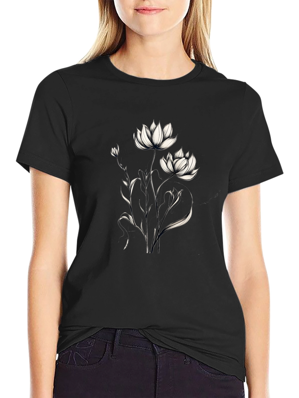 Elegant Floral Graphic Black T-Shirt
