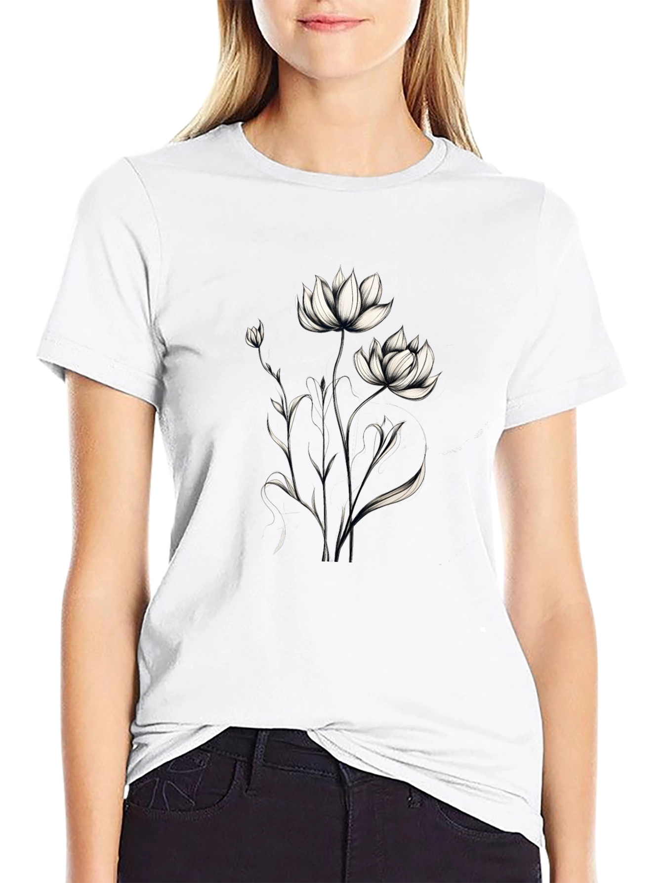 Elegant Floral Graphic Black T-Shirt