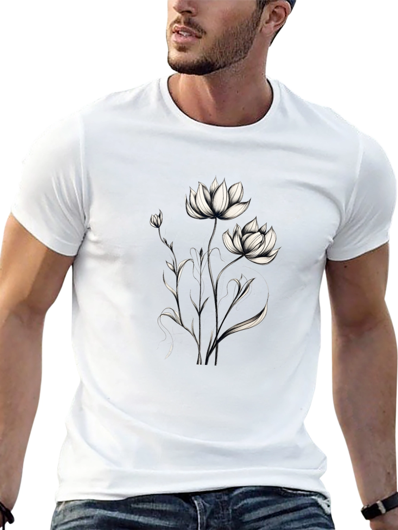 Elegant Floral Graphic Black T-Shirt