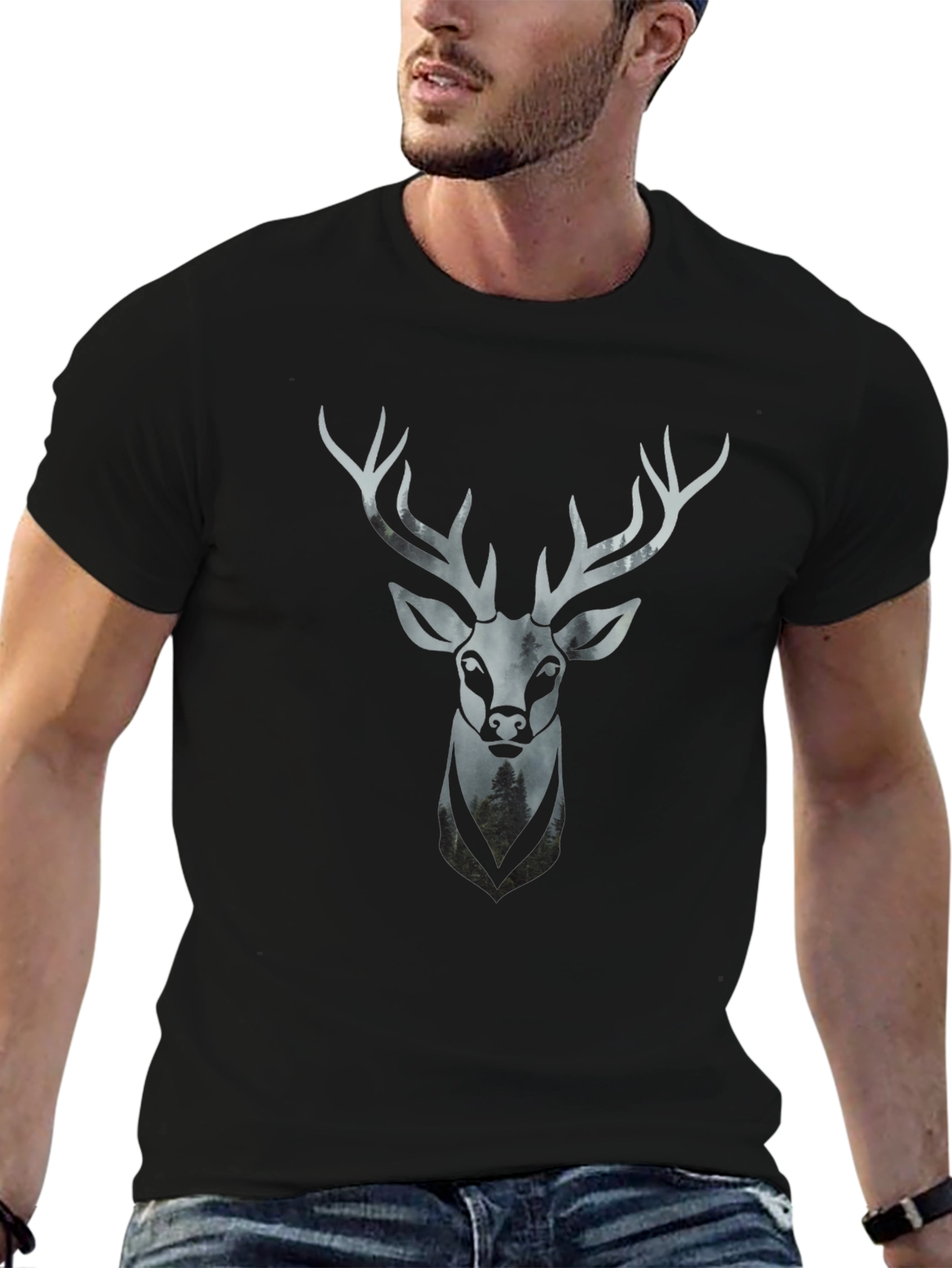 Stag Head Graphic Tee - Modern Mens Black T-Shirt