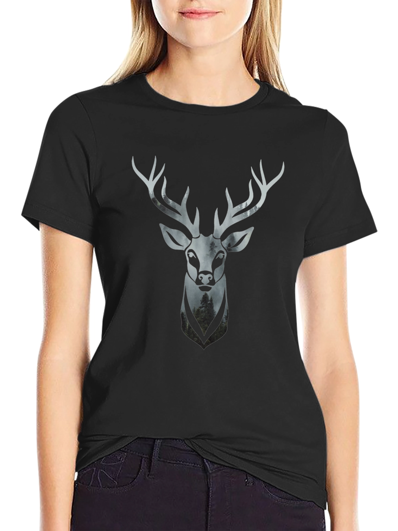 Stag Head Graphic Tee - Modern Mens Black T-Shirt