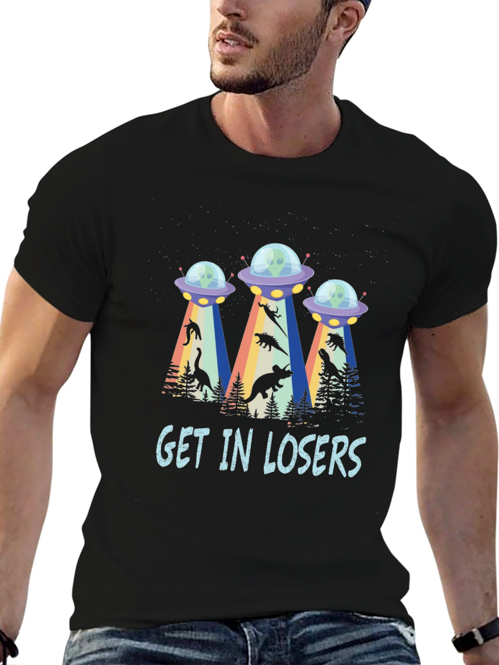 Get In Losers UFO Dinosaur Abduction T-Shirt
