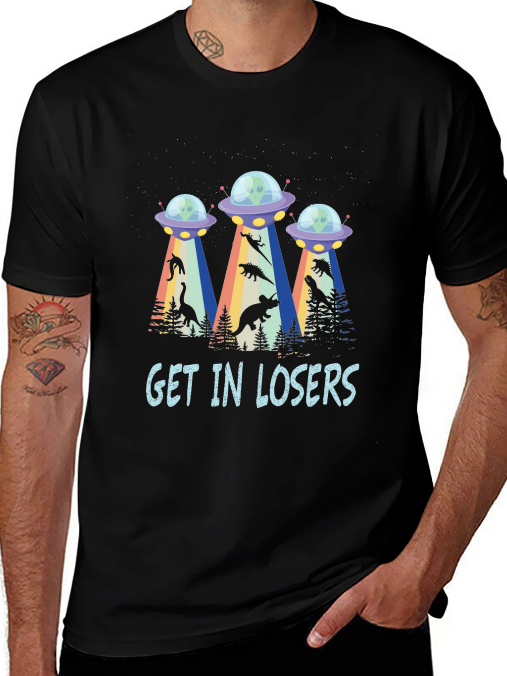 Get In Losers UFO Dinosaur Abduction T-Shirt