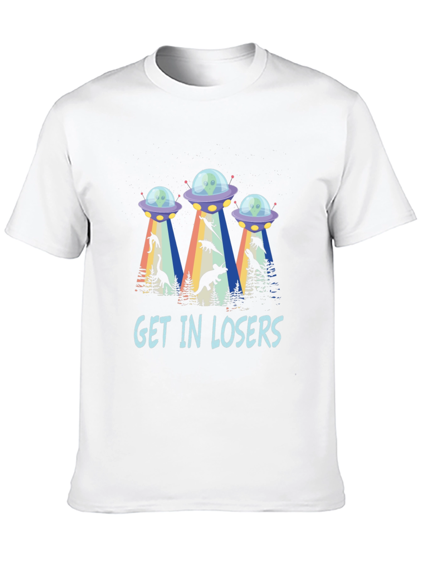 Get In Losers UFO Dinosaur Abduction T-Shirt