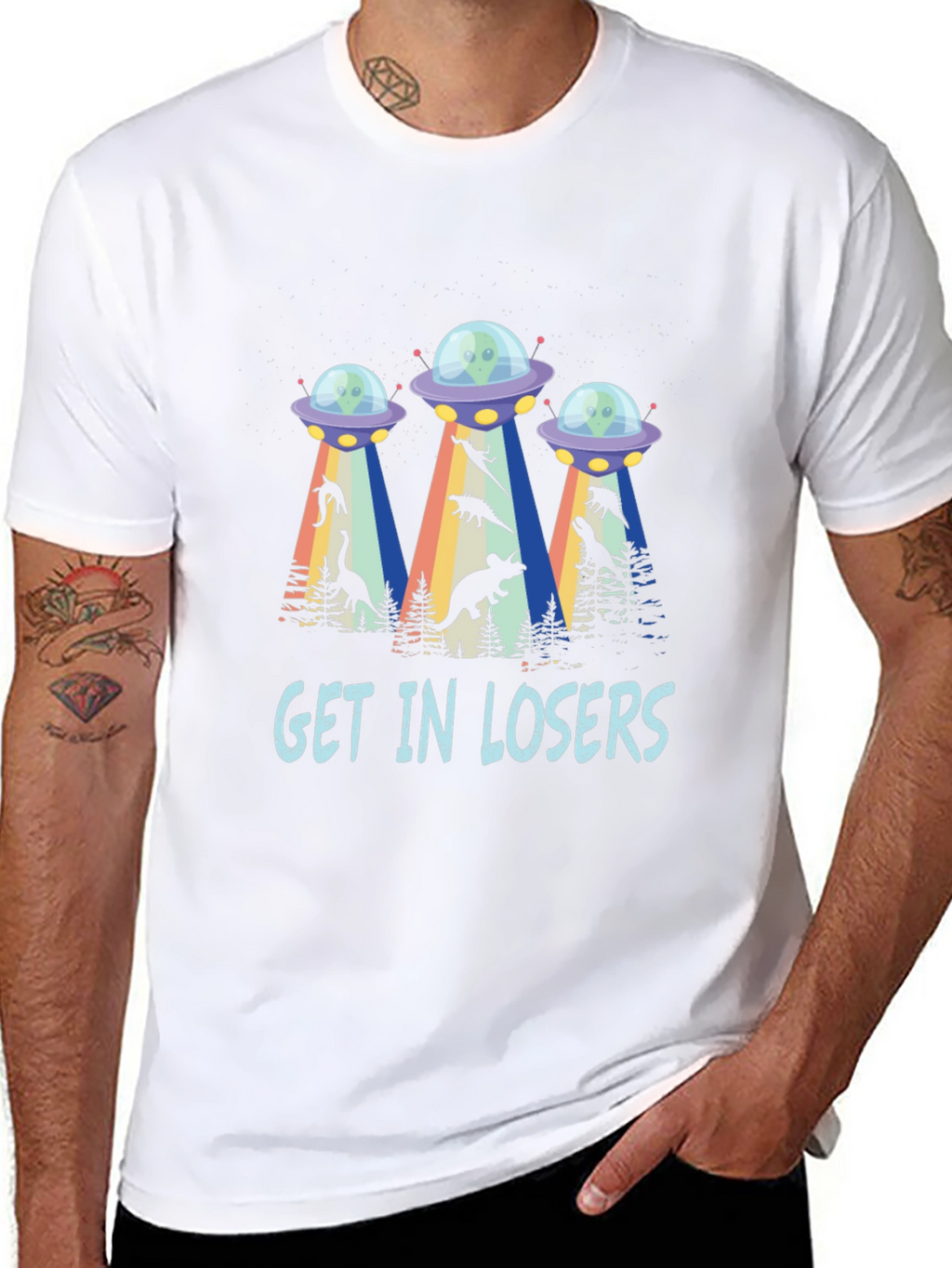 Get In Losers UFO Dinosaur Abduction T-Shirt