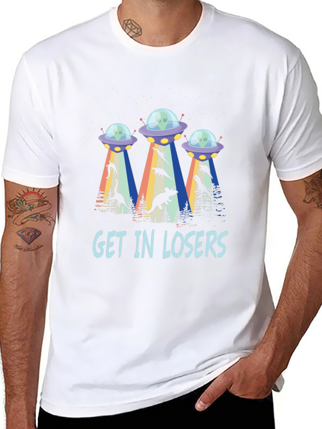 Get In Losers UFO Dinosaur Abduction T-Shirt