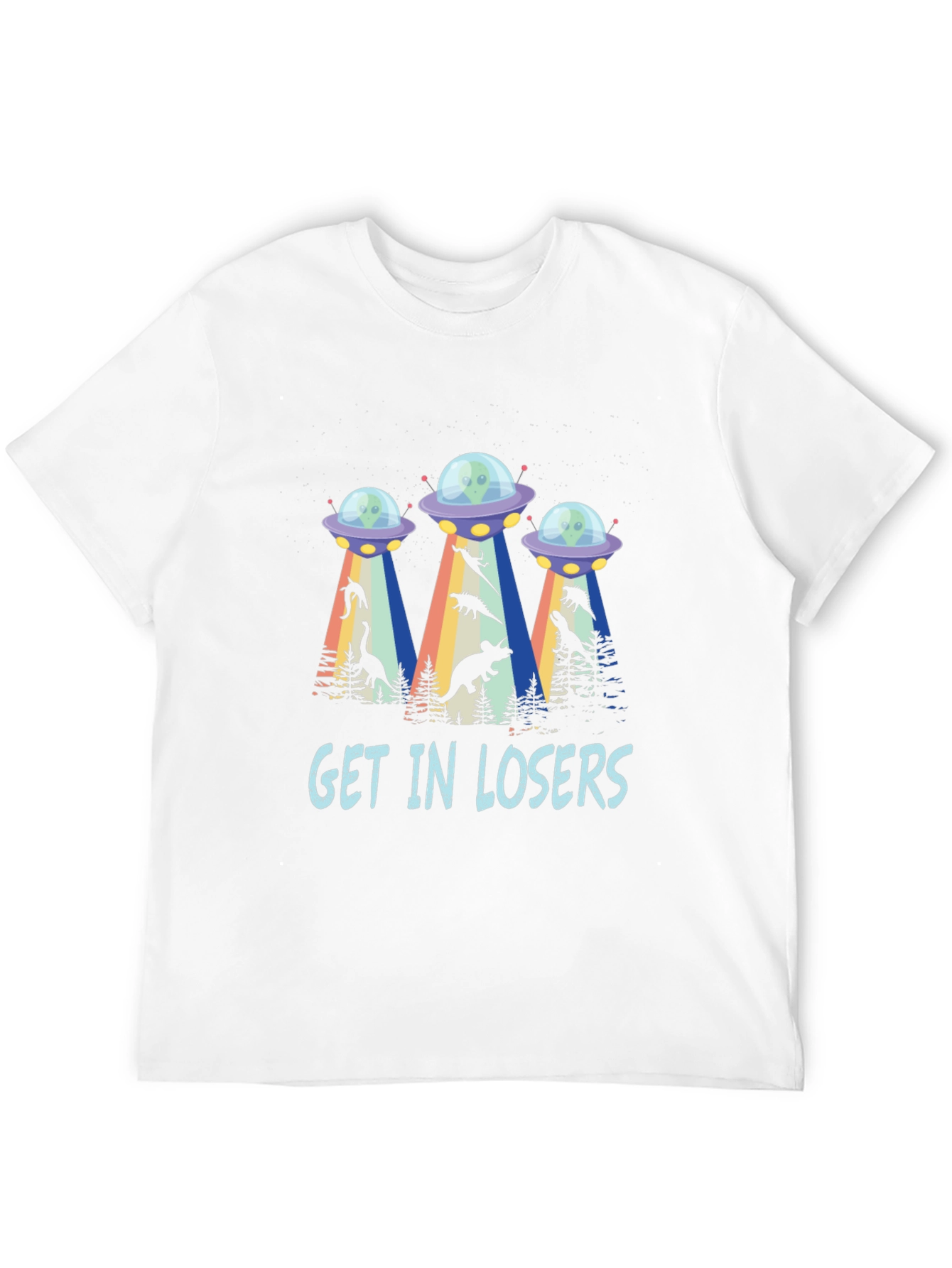 Get In Losers UFO Dinosaur Abduction T-Shirt