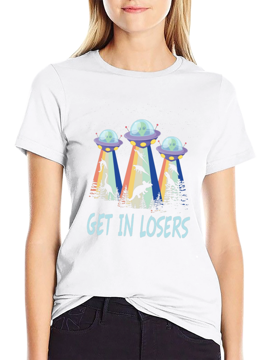 Get In Losers UFO Dinosaur Abduction T-Shirt